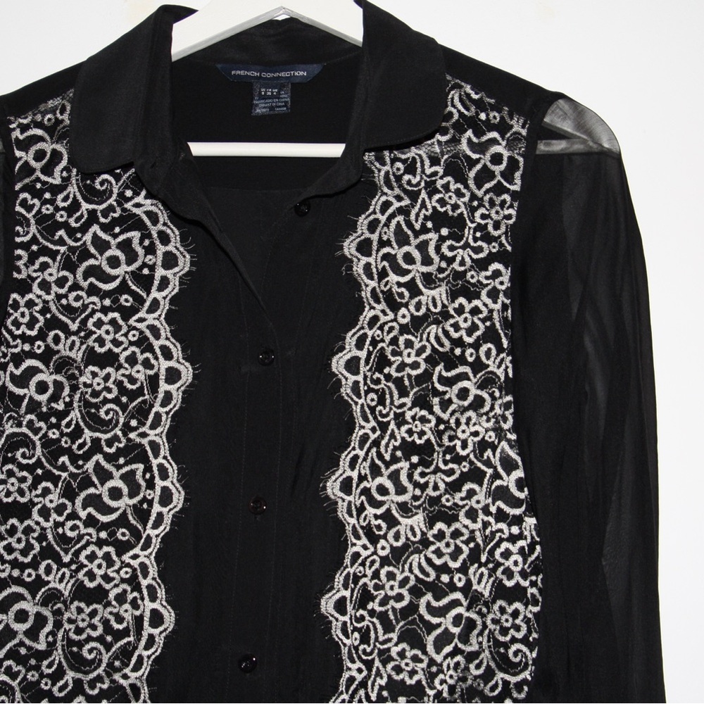 French Connection 100% Silk and Lace Button Down Shirt Size 4